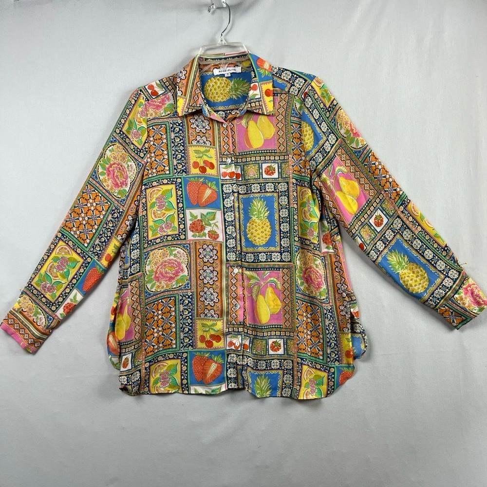 Rose & Olive Blouse Womens Medium Button Up Patchwork Fruit Cottage Core